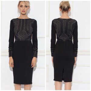 Nissa Dress Women 10 Black Knit Metallic Insert Long Sleeve Knee Length‎ Sheath